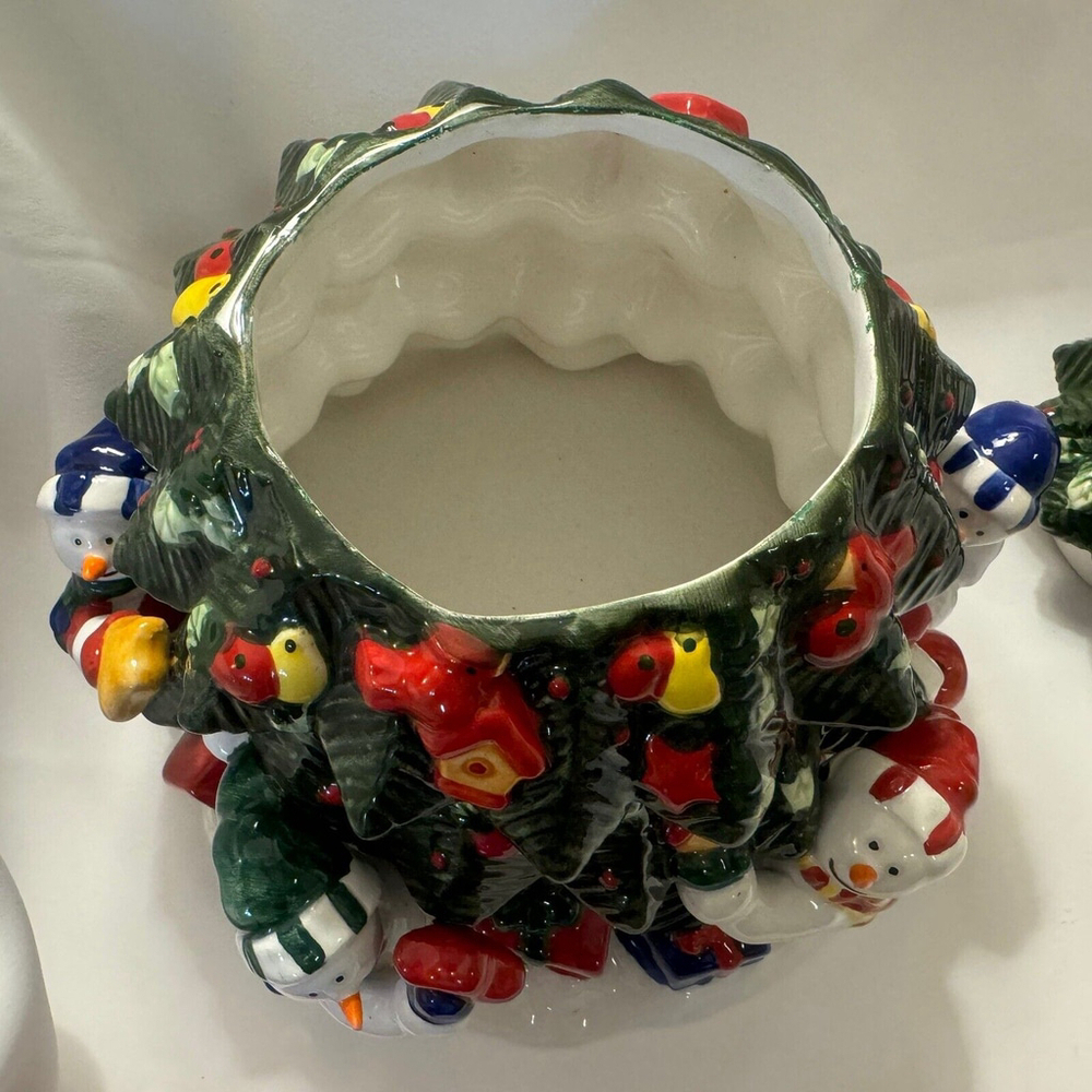 Vintage 13.5” Christmas tree Ceramic cookie jar w/snowmen presents birdhouses - Picture 12 of 16